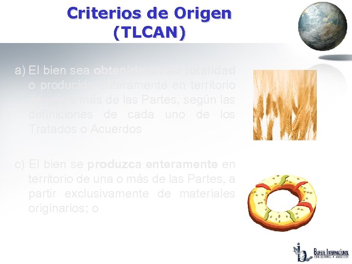 Criterios de Origen (TLCAN) a) El bien sea obtenido en su totalidad o producido