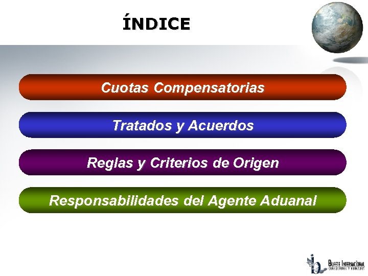 ÍNDICE Cuotas Compensatorias Tratados y Acuerdos Reglas y Criterios de Origen Responsabilidades del Agente