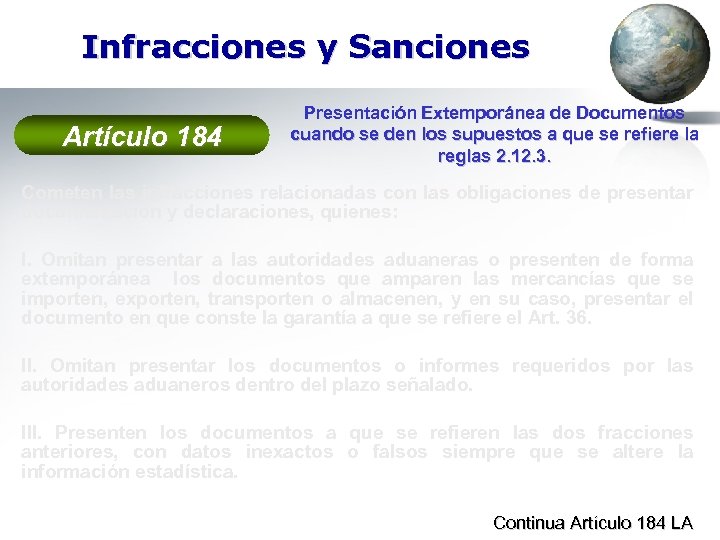 Infracciones y Sanciones Artículo 184 Presentación Extemporánea de Documentos cuando se den los supuestos