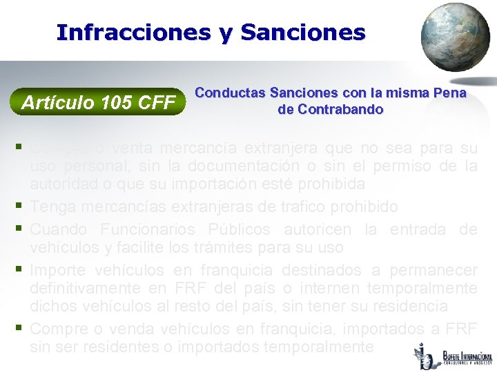 Infracciones y Sanciones Artículo 105 CFF Conductas Sanciones con la misma Pena de Contrabando