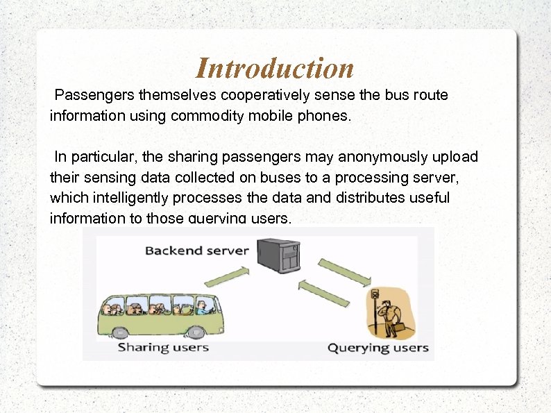 Introduction Passengers themselves cooperatively sense the bus route information using commodity mobile phones. In