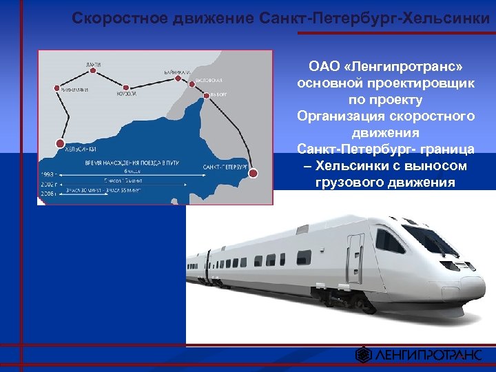 Скоростное движение Санкт-Петербург-Хельсинки ОАО «Ленгипротранс» основной проектировщик по проекту Организация скоростного движения Санкт-Петербург- граница