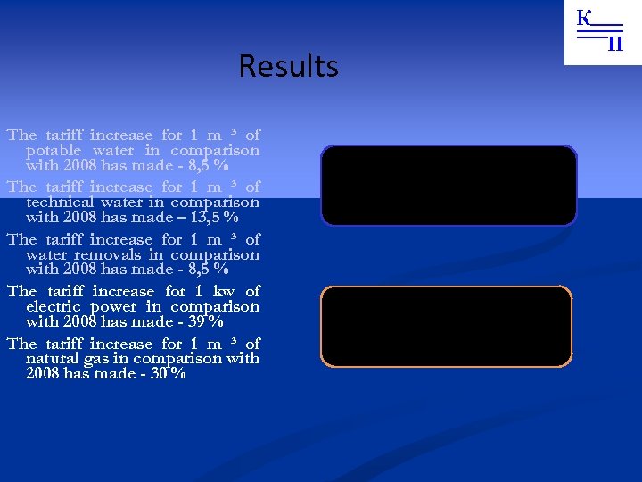 Results The tariff increase for 1 m ³ of potable water in comparison with