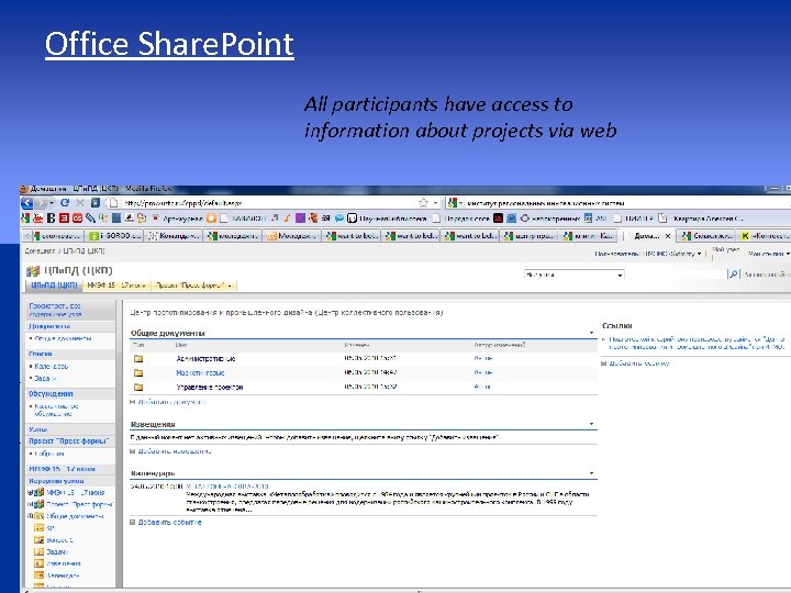 Office Share. Point All participants have access to information about projects via web 66