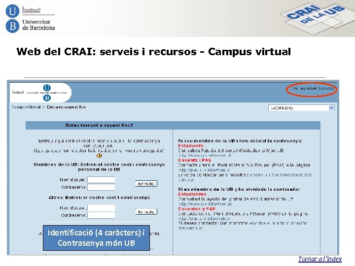 Web del CRAI: serveis i recursos - Campus virtual Identificació (4 caràcters) i Contrasenya