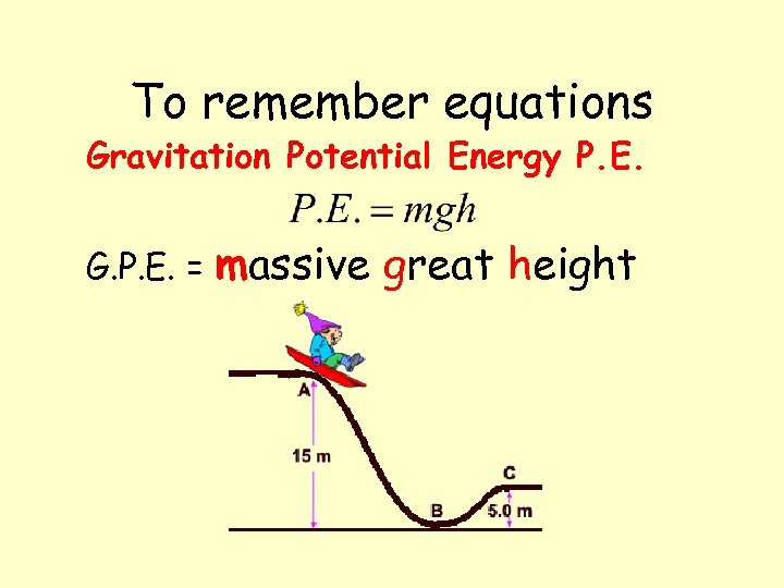 To remember equations Gravitation Potential Energy P. E. G. P. E. = massive great
