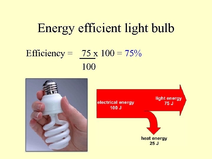 Energy efficient light bulb Efficiency = 75 x 100 = 75% 100 