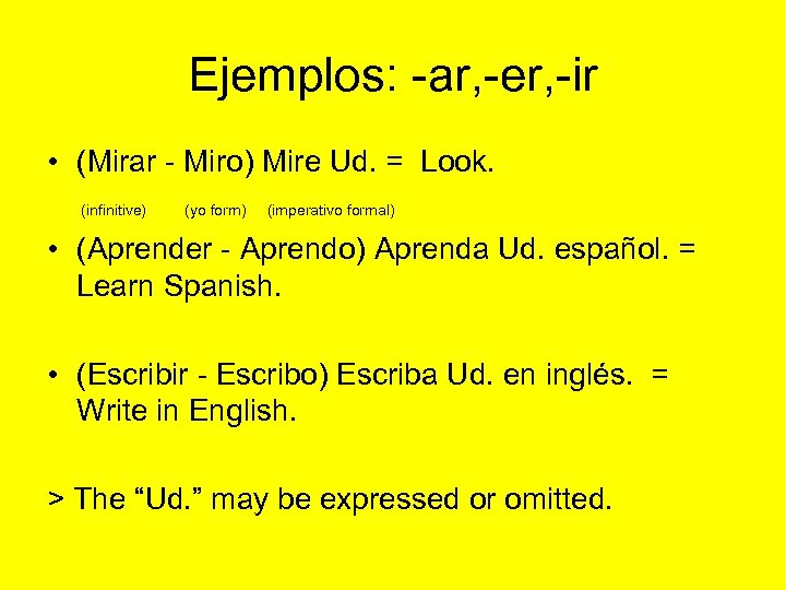Ejemplos: -ar, -er, -ir • (Mirar - Miro) Mire Ud. = Look. (infinitive) (yo