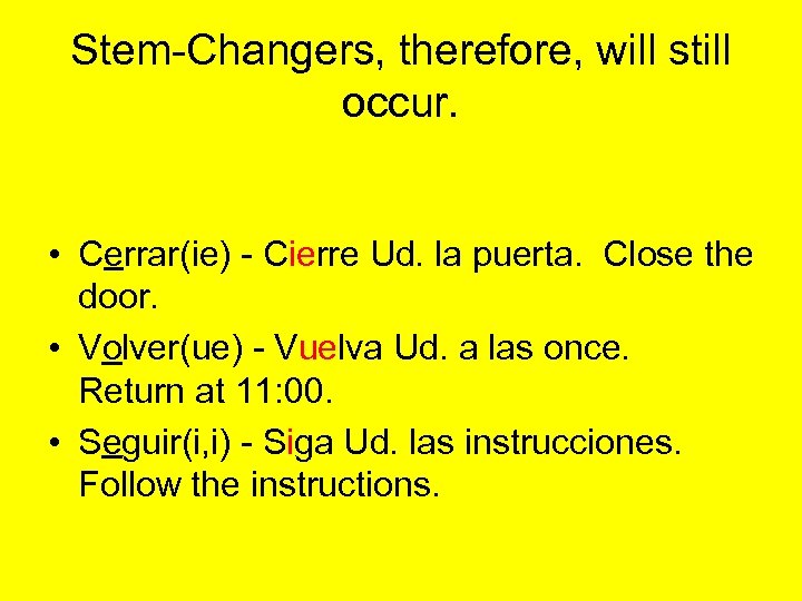 Stem-Changers, therefore, will still occur. • Cerrar(ie) - Cierre Ud. la puerta. Close the