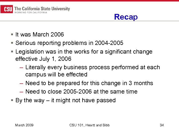 Recap § It was March 2006 § Serious reporting problems in 2004 -2005 §