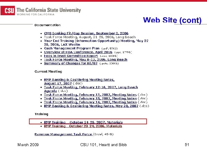 Web Site (cont) March 2009 CSU 101, Heartt and Bibb 51 