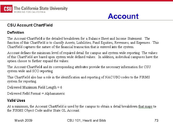 Account March 2009 CSU 101, Heartt and Bibb 73 