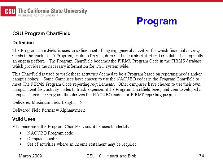 Program March 2009 CSU 101, Heartt and Bibb 74 