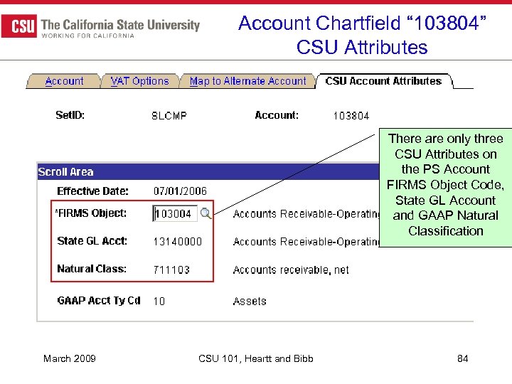 Account Chartfield “ 103804” CSU Attributes There are only three CSU Attributes on the