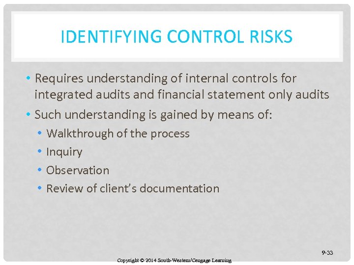 IDENTIFYING CONTROL RISKS • Requires understanding of internal controls for integrated audits and financial