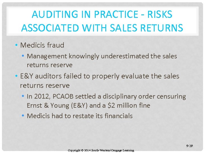 AUDITING IN PRACTICE - RISKS ASSOCIATED WITH SALES RETURNS • Medicis fraud • Management