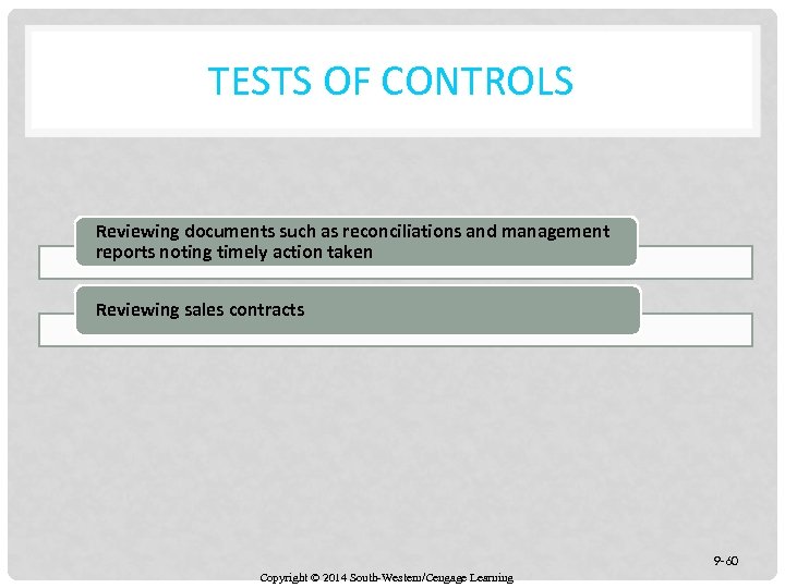 TESTS OF CONTROLS Reviewing documents such as reconciliations and management reports noting timely action