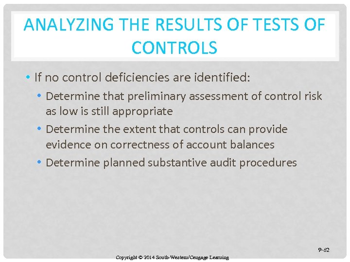 ANALYZING THE RESULTS OF TESTS OF CONTROLS • If no control deficiencies are identified: