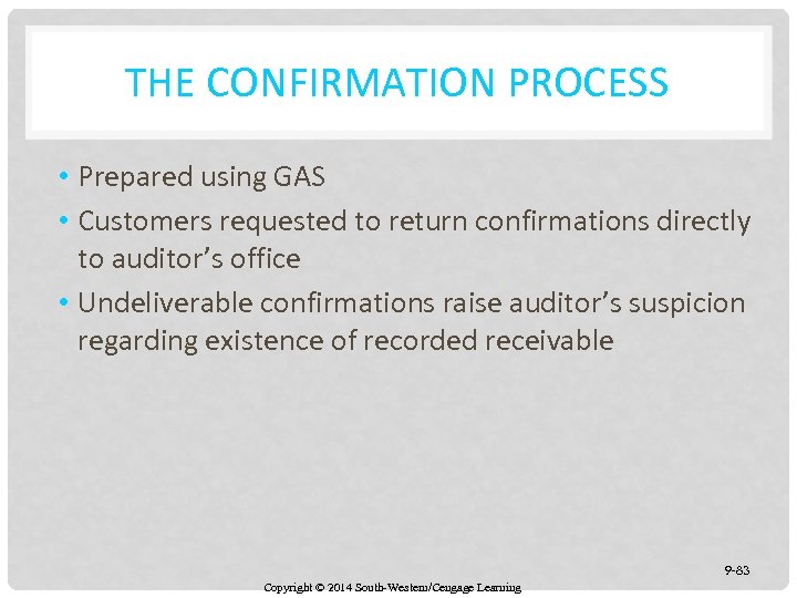 THE CONFIRMATION PROCESS • Prepared using GAS • Customers requested to return confirmations directly
