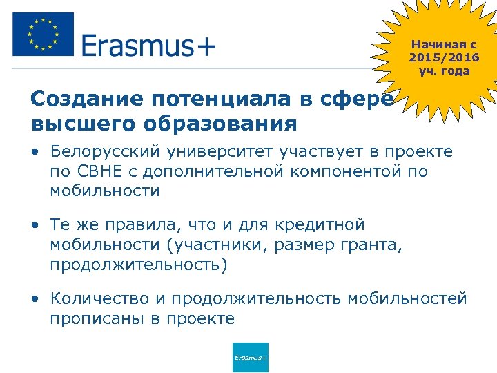 Начиная с 2015/2016 уч. года Создание потенциала в сфере высшего образования • Белорусский университет