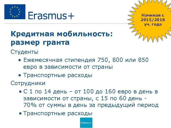 Начиная с 2015/2016 уч. года Кредитная мобильность: размер гранта Студенты • Ежемесячная стипендия 750,
