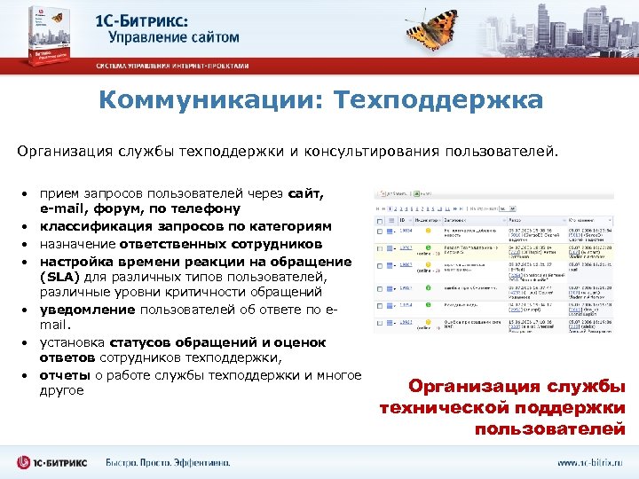 Коммуникации: Техподдержка Организация службы техподдержки и консультирования пользователей. • прием запросов пользователей через сайт,