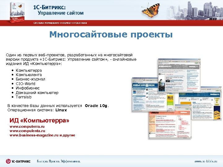 Многосайтовые проекты Один из первых веб-проектов, разработанных на многосайтовой версии продукта « 1 С-Битрикс: