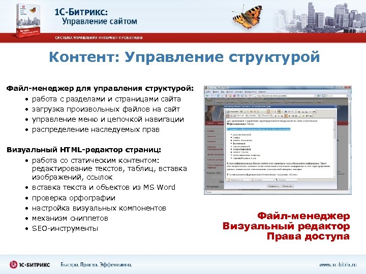 Контент: Управление структурой Файл-менеджер для управления структурой: • работа с разделами и страницами сайта