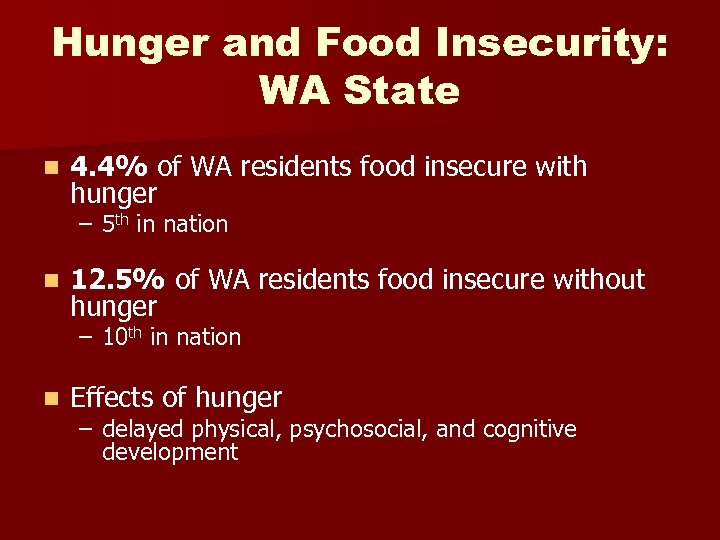 Hunger and Food Insecurity: WA State n 4. 4% of WA residents food insecure