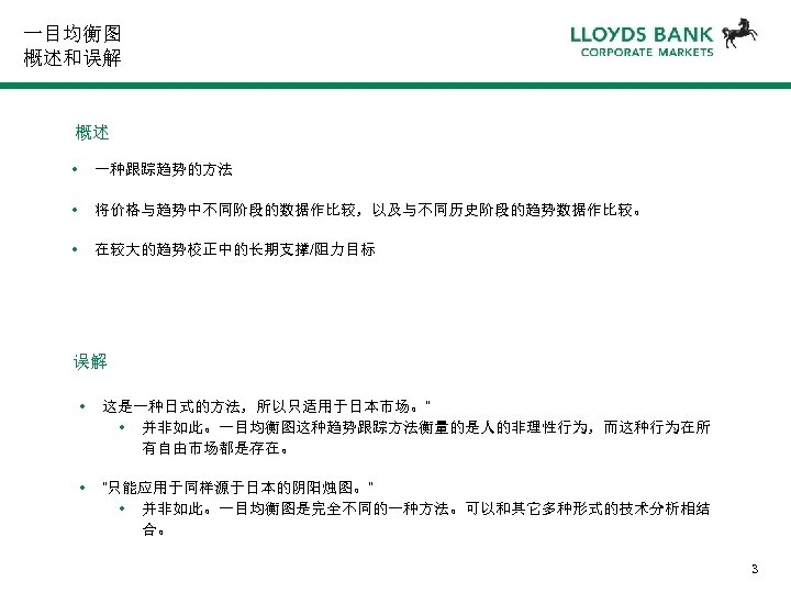 一目均衡图 概述和误解 概述 • 一种跟踪趋势的方法 • 将价格与趋势中不同阶段的数据作比较，以及与不同历史阶段的趋势数据作比较。 • 在较大的趋势校正中的长期支撑/阻力目标 误解 • 这是一种日式的方法，所以只适用于日本市场。” • 并非如此。一目均衡图这种趋势跟踪方法衡量的是人的非理性行为，而这种行为在所
