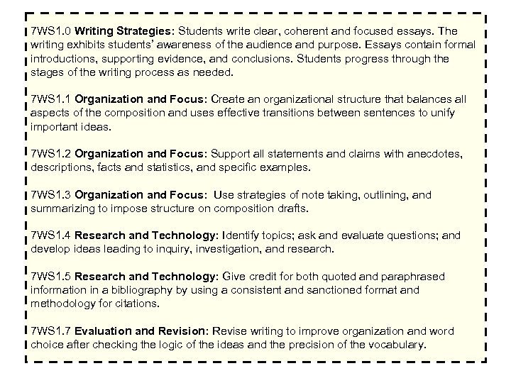 7 WS 1. 0 Writing Strategies: Students write clear, coherent and focused essays. The