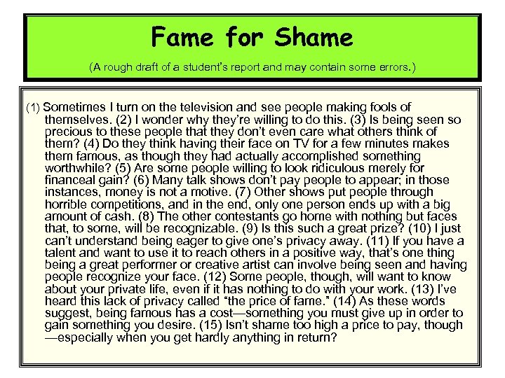 Fame for Shame (A rough draft of a student’s report and may contain some