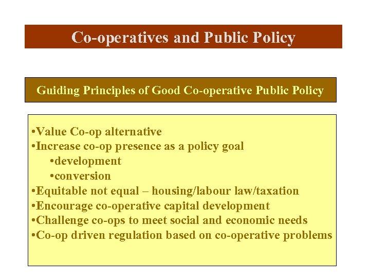 Co-operatives and Public Policy Guiding Principles of Good Co-operative Public Policy • Value Co-op
