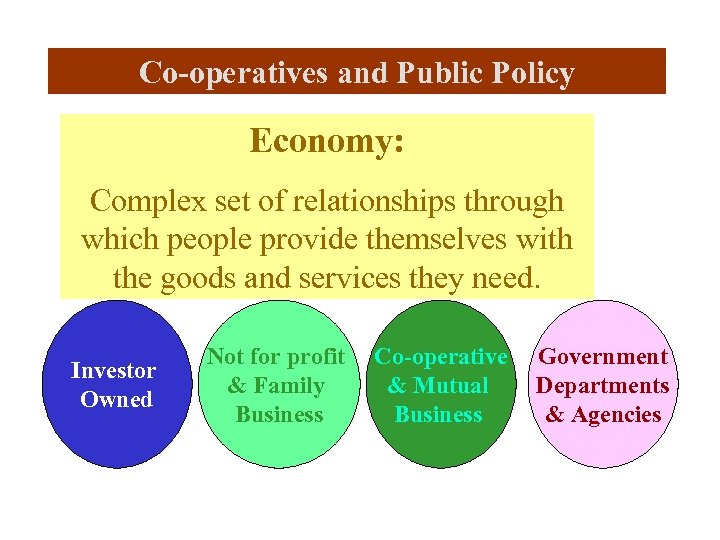 Co-operatives and Public Policy Economy: Complex set of relationships through which people provide themselves