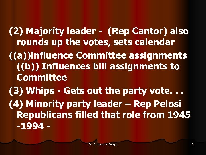 (2) Majority leader - (Rep Cantor) also rounds up the votes, sets calendar ((a))influence