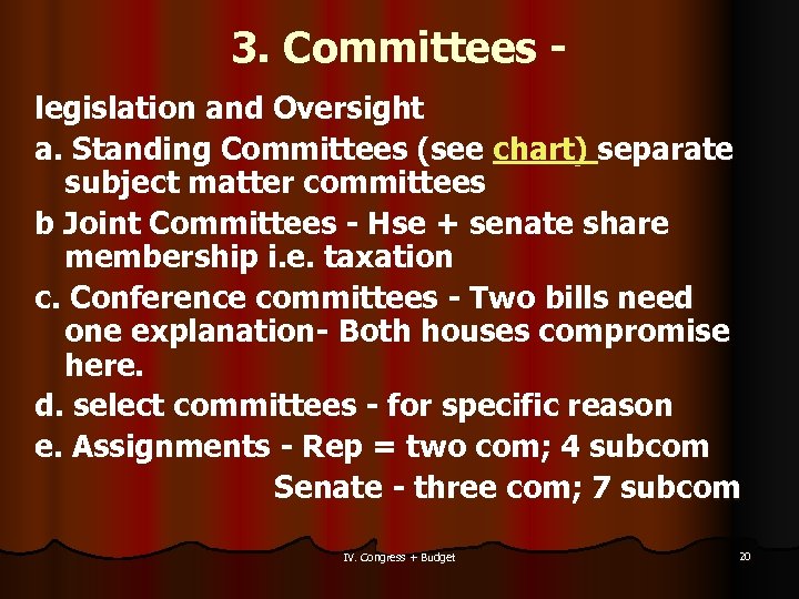 3. Committees legislation and Oversight a. Standing Committees (see chart) separate subject matter committees