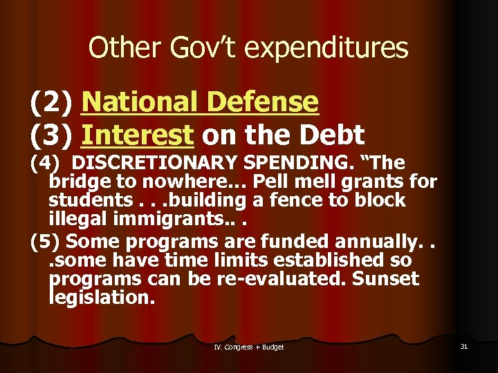 Other Gov’t expenditures (2) National Defense (3) Interest on the Debt (4) DISCRETIONARY SPENDING.