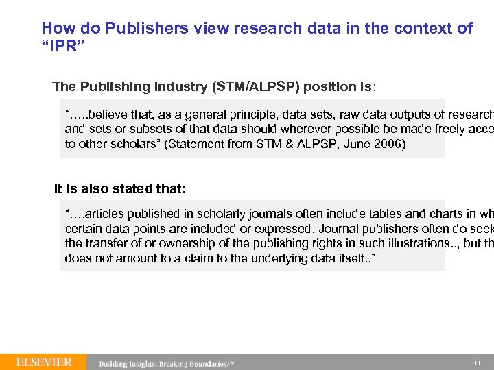 How do Publishers view research data in the context of “IPR” The Publishing Industry