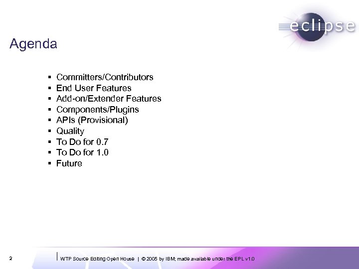 Agenda § § § § § 2 Committers/Contributors End User Features Add-on/Extender Features Components/Plugins