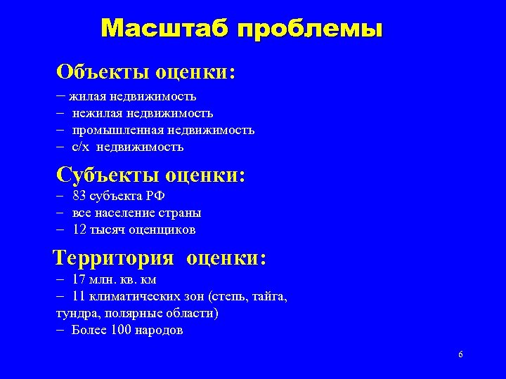 Масштаб проблемы Объекты оценки: жилая недвижимость нежилая недвижимость промышленная недвижимость с/х недвижимость Субъекты оценки: