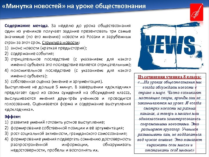  «Минутка новостей» на уроке обществознания Содержание метода. За неделю до урока обществознания один