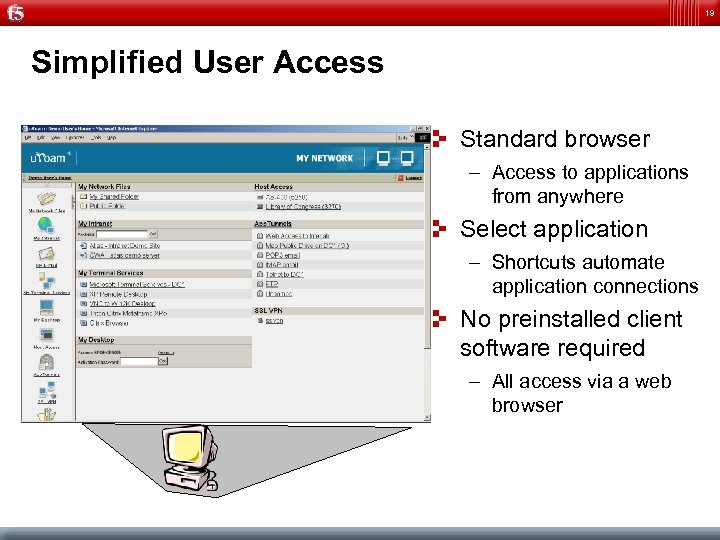 19 Simplified User Access Standard browser – Access to applications from anywhere Select application