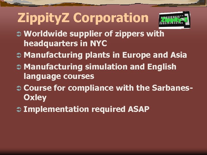 Zippity. Z Corporation Ü Worldwide supplier of zippers with headquarters in NYC Ü Manufacturing