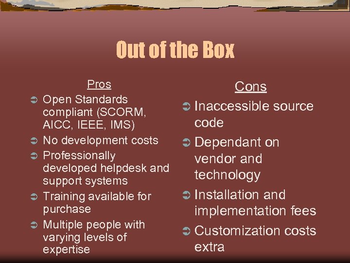 Out of the Box Ü Ü Ü Pros Open Standards compliant (SCORM, AICC, IEEE,