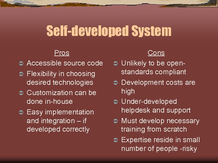 Self-developed System Ü Ü Pros Accessible source code Flexibility in choosing desired technologies Customization