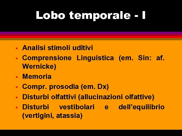 Lobo temporale - I § § § Analisi stimoli uditivi Comprensione Linguistica (em. Sin: