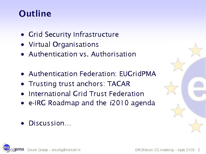 Outline · Grid Security Infrastructure · Virtual Organisations · Authentication vs. Authorisation · ·