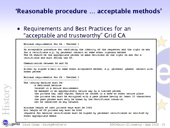 History ‘Reasonable procedure … acceptable methods’ · Requirements and Best Practices for an “acceptable