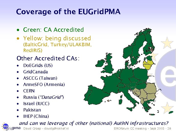 Coverage of the EUGrid. PMA · Green: CA Accredited · Yellow: being discussed (Baltic.