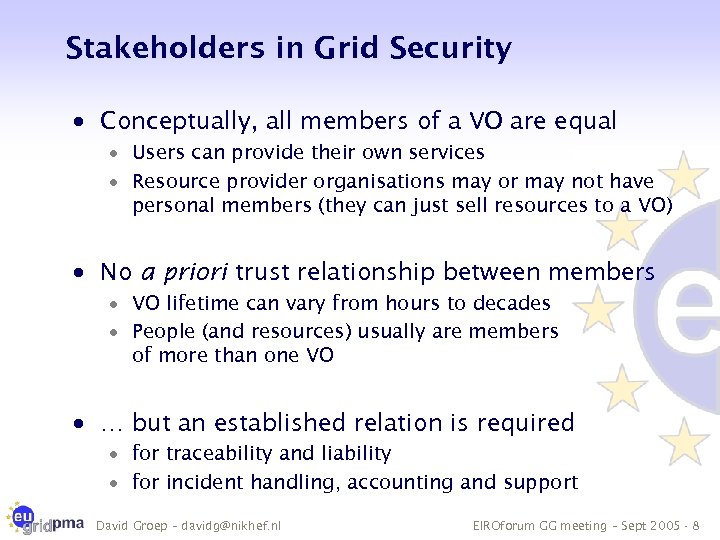 Stakeholders in Grid Security · Conceptually, all members of a VO are equal ·